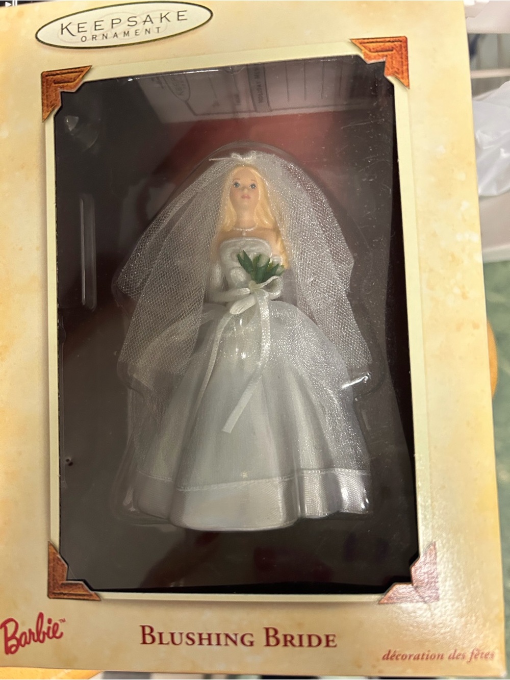 Blushing. Barbie White Bridal Keepsake Ornament with Blonde Hair 2002